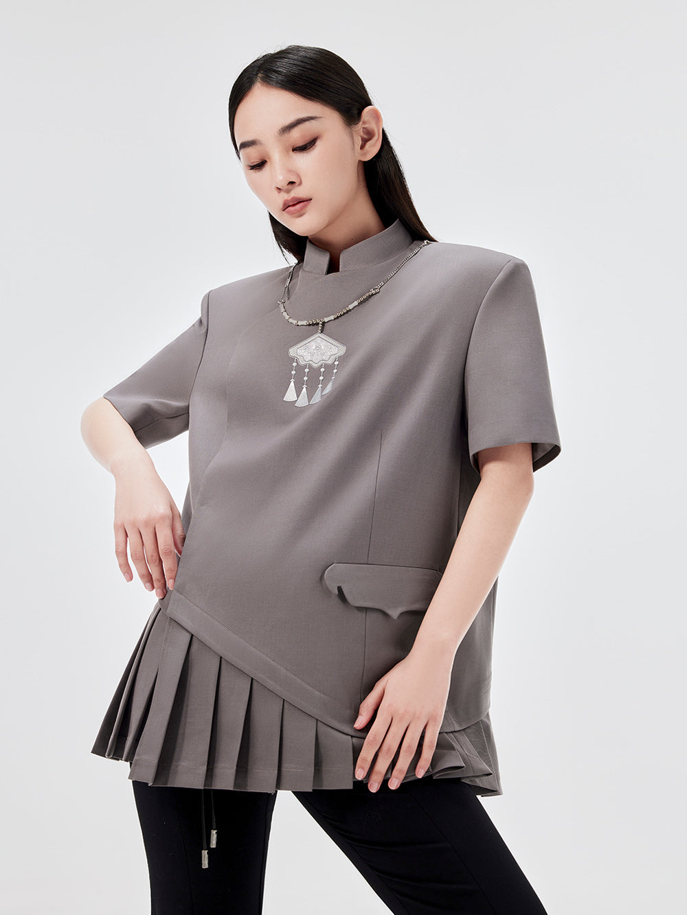 MUKZIN Chinese Style Stand Collar Skirt Design Short Sleeve Jacket