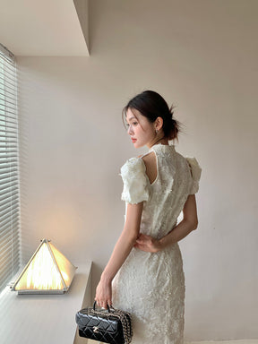 MUKZIN Lace Print Hollow Puff Sleeve Cheongsam Qi Pao