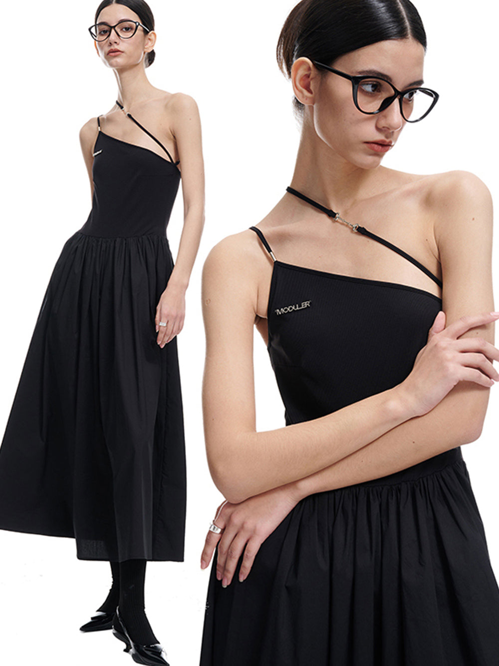 MUKTANK×MODULER Knit Patchwork Maxi Dress Asymmetrical Shoulder Strap