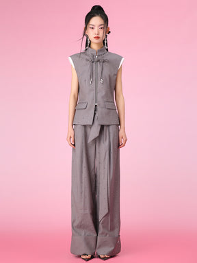 MUKZIN Color-block Chinese Style Retro Gray Stand-up Collar Vest