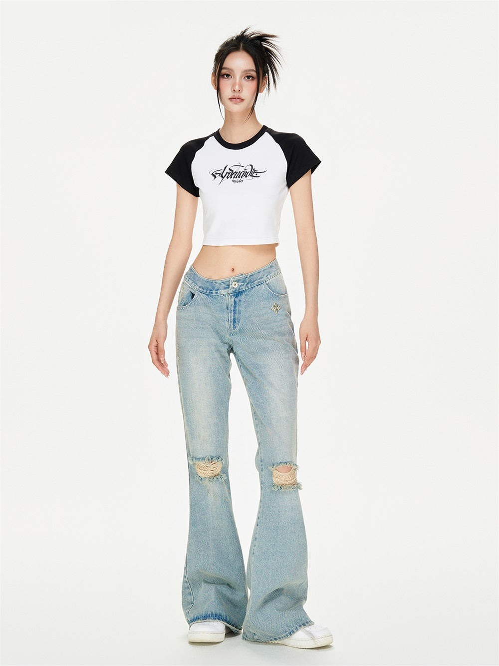 MUKTANK×ARDENCODE W Imprint | Iron Tag Safety Pin Water-Washed Loose Waist-Revealing Wide-Leg Flared Jeans