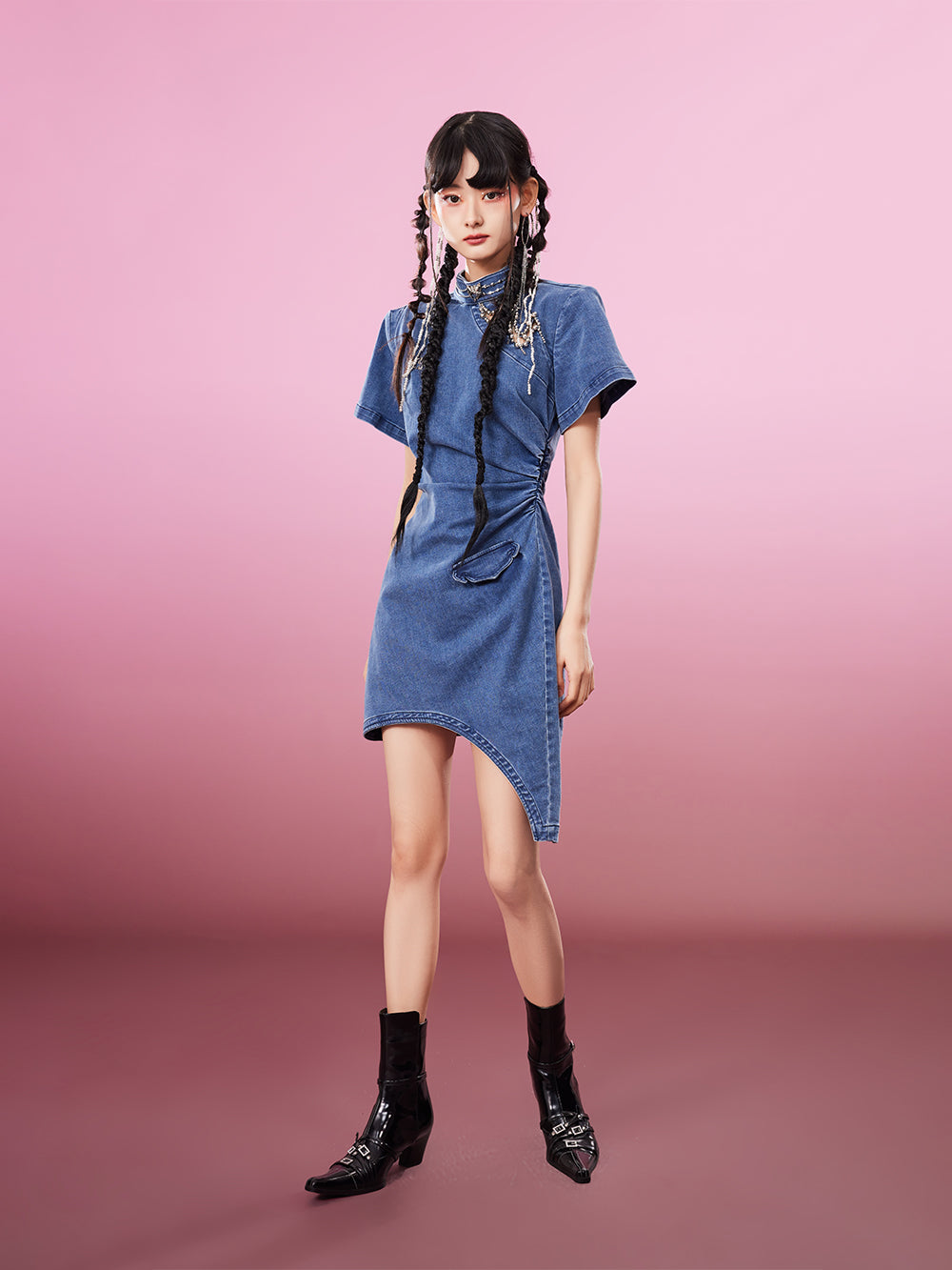 MUKZIN Washed Denim Blue Improved Cheongsam