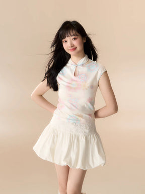 MUKTANK x LOUMUTAKU Mengze "Colorful Summer" Niche Girl Kaleidoscope Fireworks Cheongsam Collar Dress Set Kaleidoscope Top