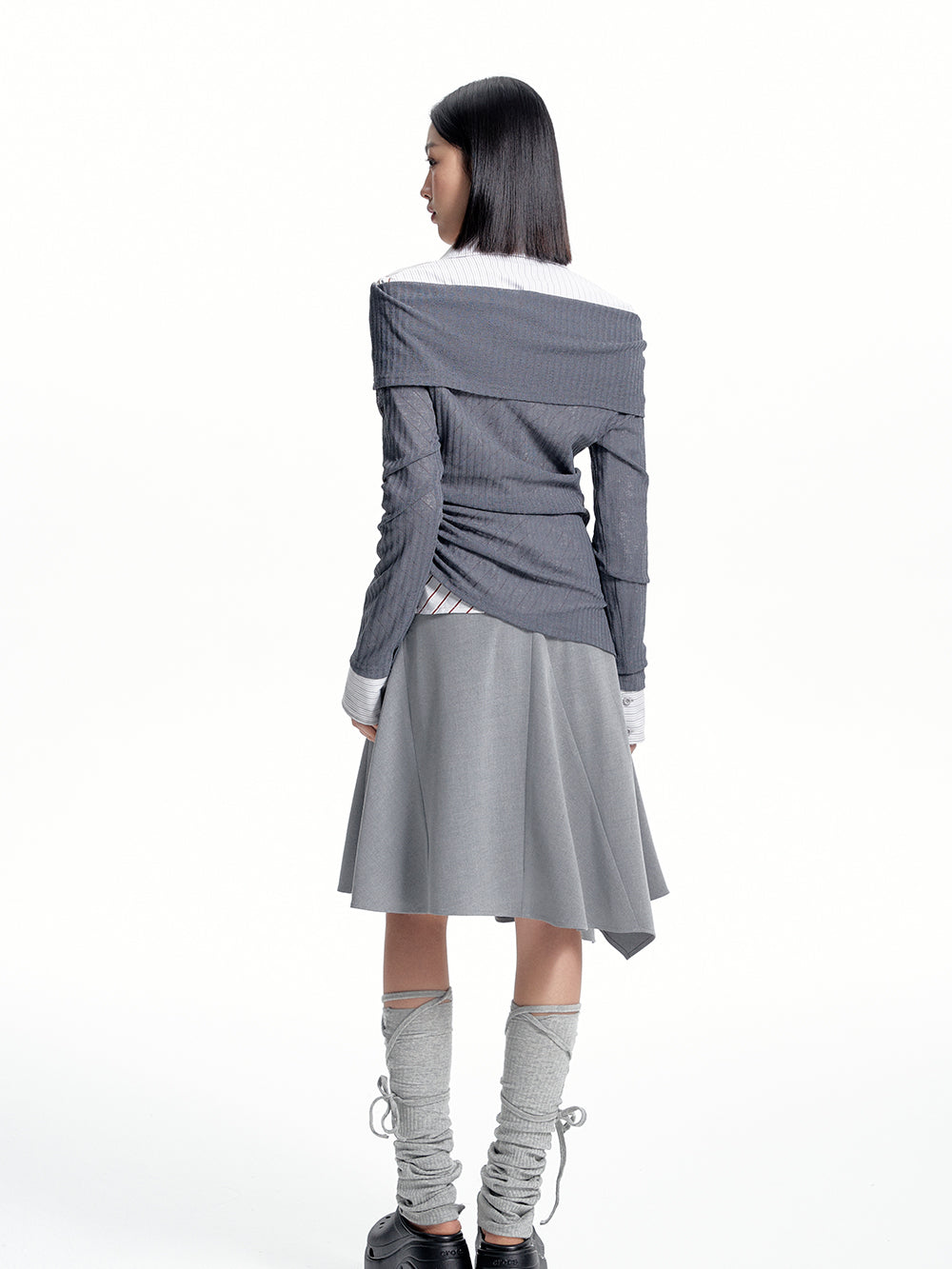 MUKTANK x WESAME Off-shoulder Long Sleeve Drawstring Dark Gray Knit Cardigan Women's Top