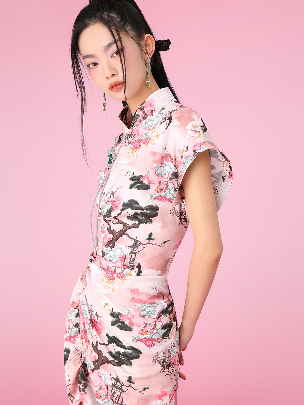 MUKZIN Printed Stand Collar Slit Slim Retro Cheongsam