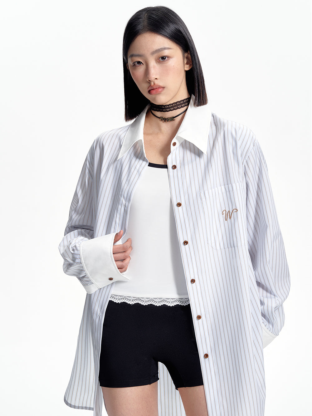 MUKTANK x WESAME Oversized Striped Blue and Brown Long Sleeve Shirt Jacket with Drop Shoulders