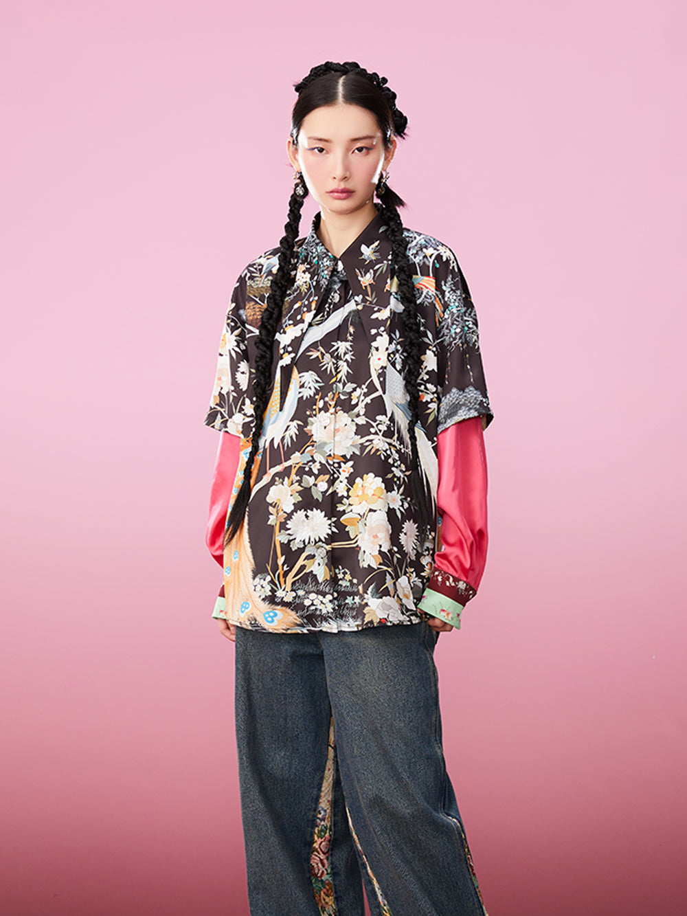 MUKZIN Printed Fake Two-Piece Contrasting Color Chinese Shirts