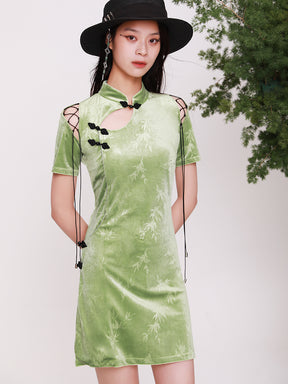 MUKTANK×CUUDICLAB Hollowed Laced up Short Qipao Dress Cheongsam