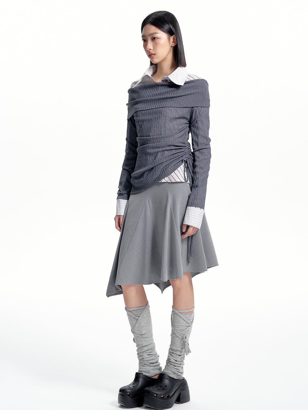 MUKTANK x WESAME Off-shoulder Long Sleeve Drawstring Dark Gray Knit Cardigan Women's Top