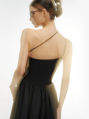 MUKTANK×MODULER Knit Patchwork Maxi Dress Asymmetrical Shoulder Strap