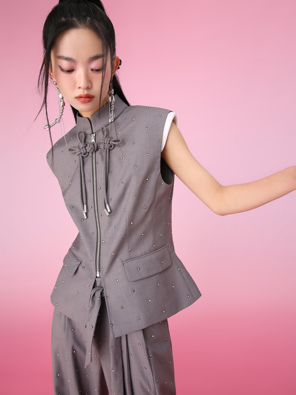 MUKZIN Color-block Chinese Style Retro Gray Stand-up Collar Vest