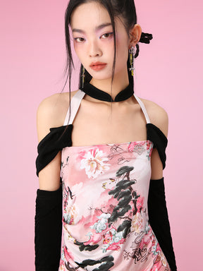 MUKZIN  Elegant Splicing Sleeves Long Slim Cheongsam Dress