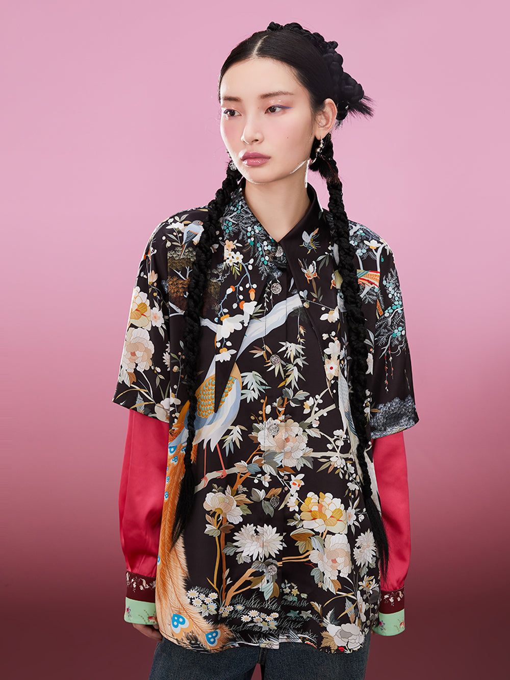 MUKZIN Printed Fake Two-Piece Contrasting Color Chinese Shirts
