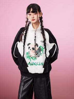 MUKZIN Stand-up Collar Panda Print Color-block Campus Style Sweater Jacket