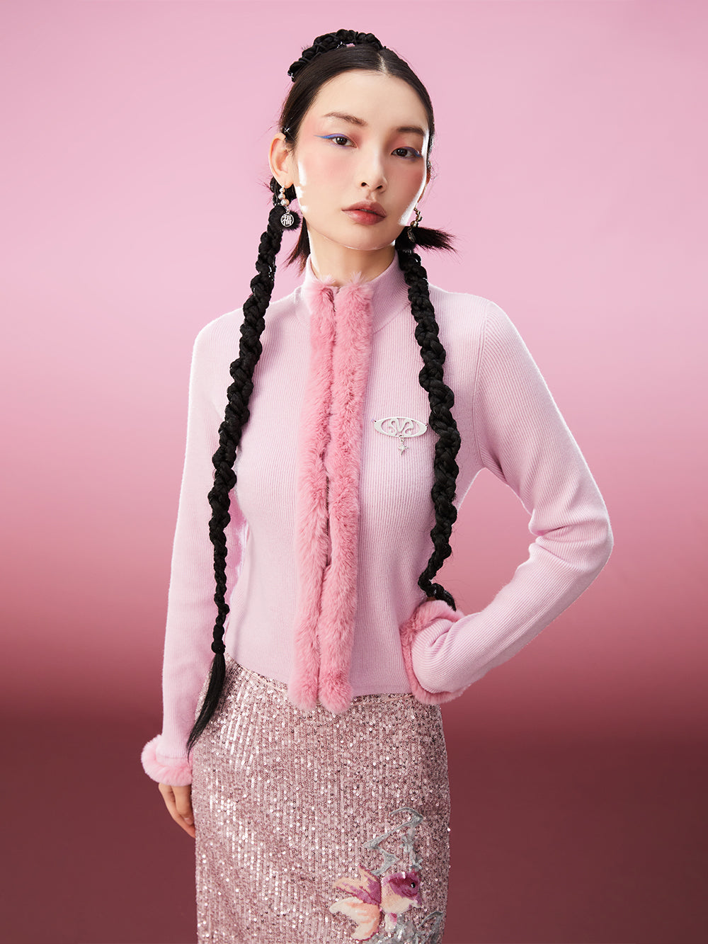 MUKZIN Pink Sweet Rabbit Fur Decoration Simple Slim Cardigan