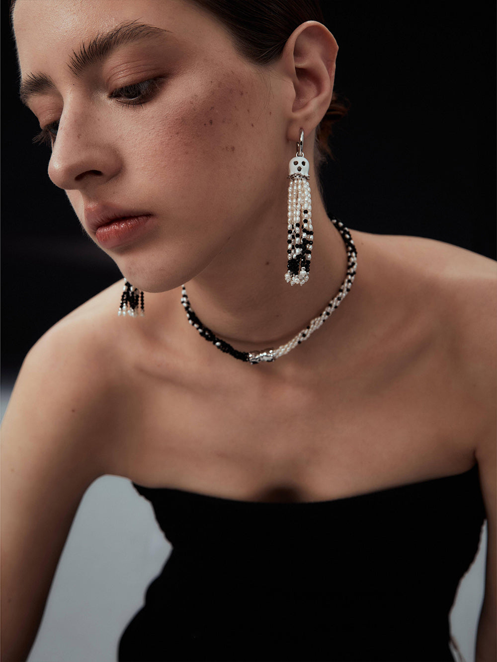 MUKTANK xPEARLONA DANGEROUS GARDEN-GHOSTFACE LILY Millet Pearl Tassel Earrings