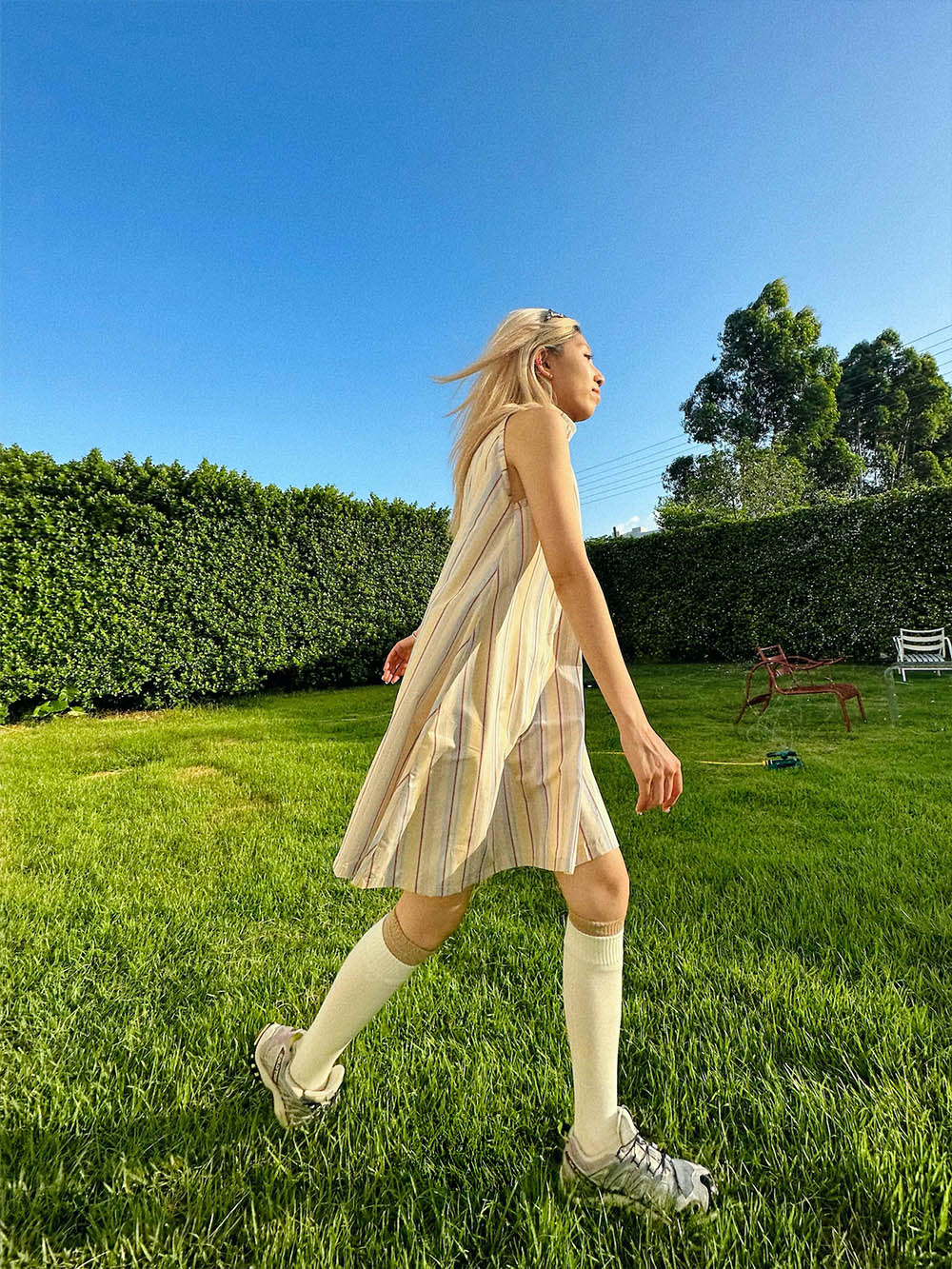 MUKTANK x TPG Yellow and White Striped Halter Neck Dress