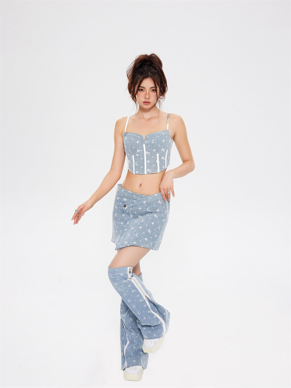 MUKTANK×ARDENCODE W Starry Sky | Asymmetric Slim Low-Waist A-Line Washed Denim Mini Skirt