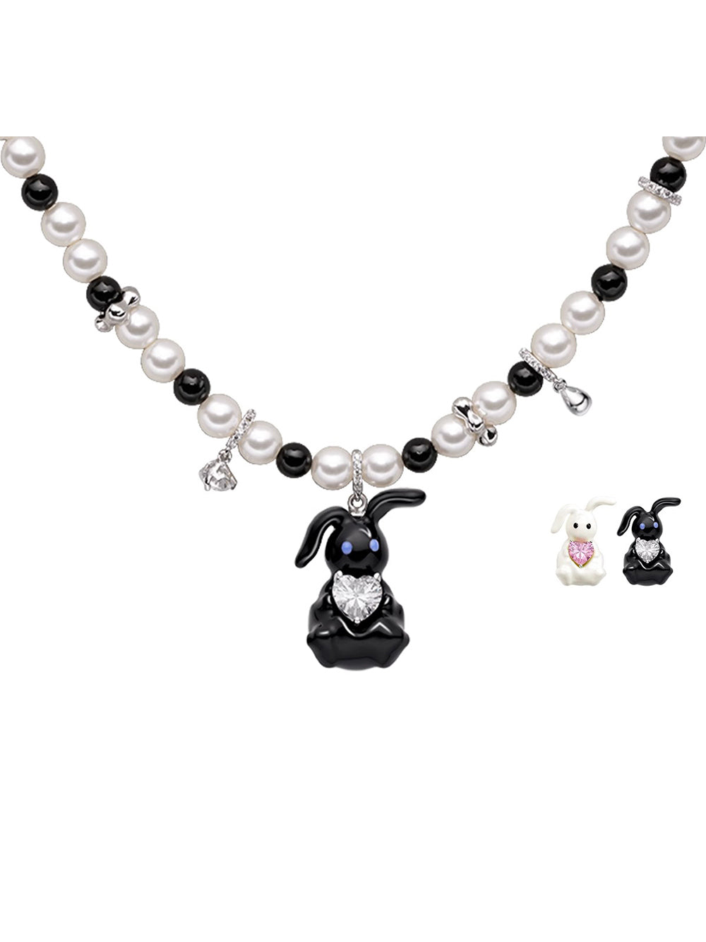 MUKTANK×SUN HUNTER Fantastic Forest + Black and White Pearls Necklace White Rabbit