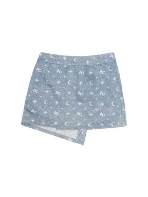 MUKTANK×ARDENCODE W Starry Sky | Asymmetric Slim Low-Waist A-Line Washed Denim Mini Skirt