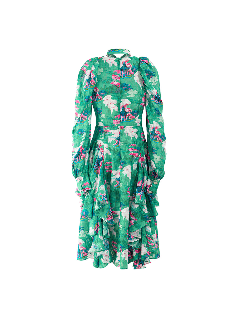 MUKZIN Jacquard Chiffon Breathable Comfortable V-neck Printed Green Dress