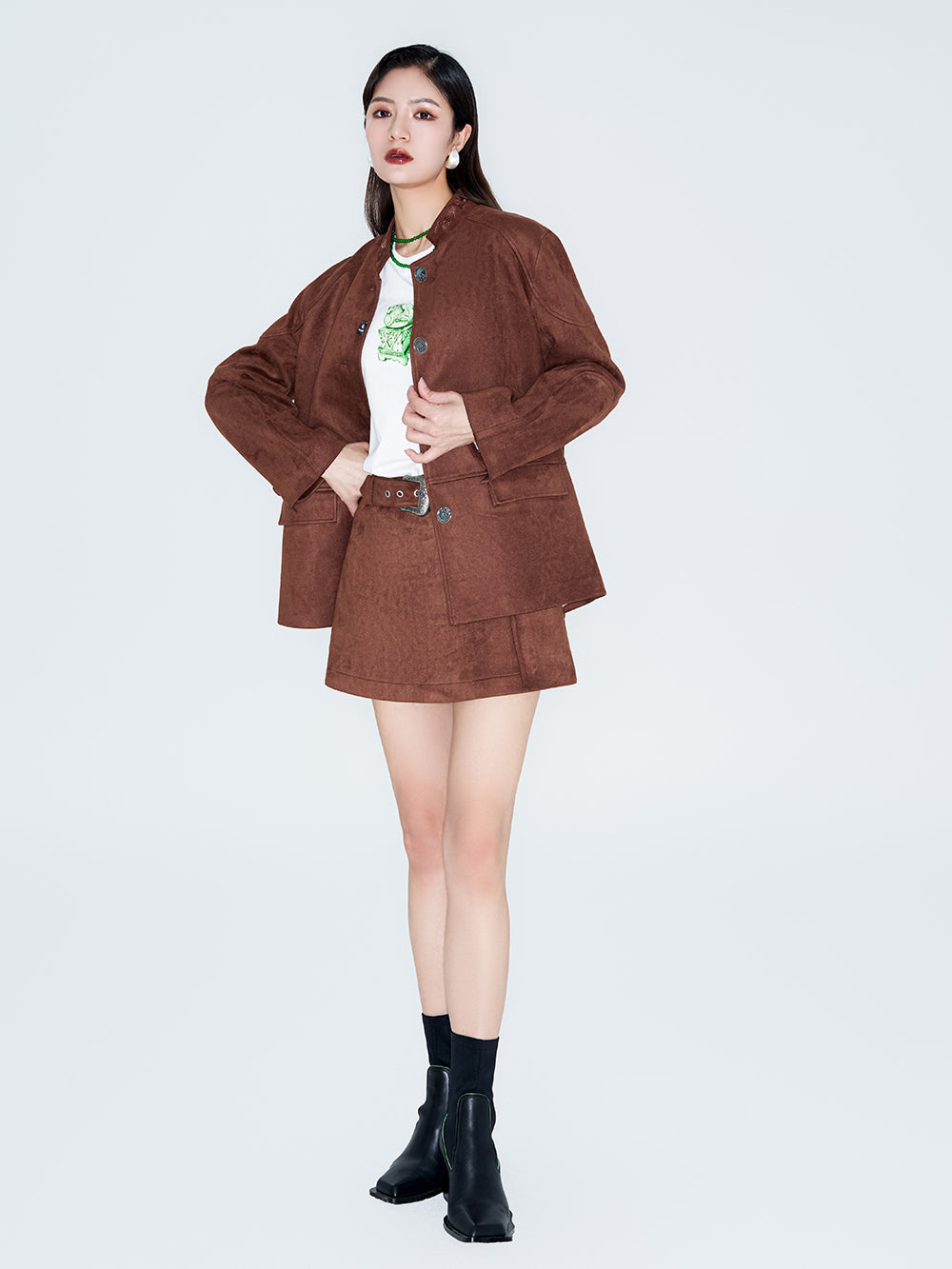 MUKZIN Linglong "Wandering Poet" Retro Suede Tang Suit Skirt