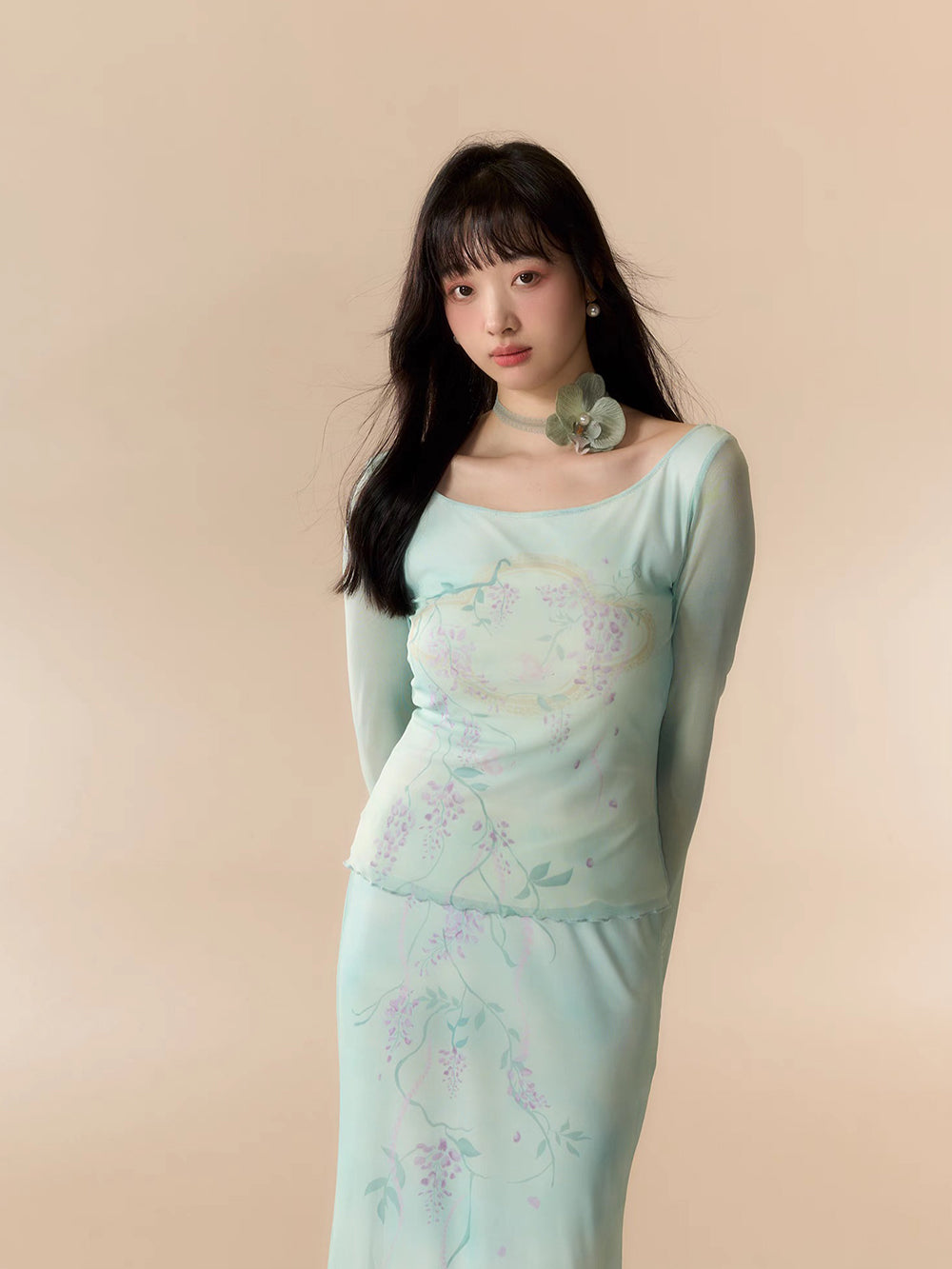 MUKTANK X LOUMUTAKU "Wisteria Summer" Hand-painted Purple and Green Vine One-shoulder Elastic Suit Violet Skirt