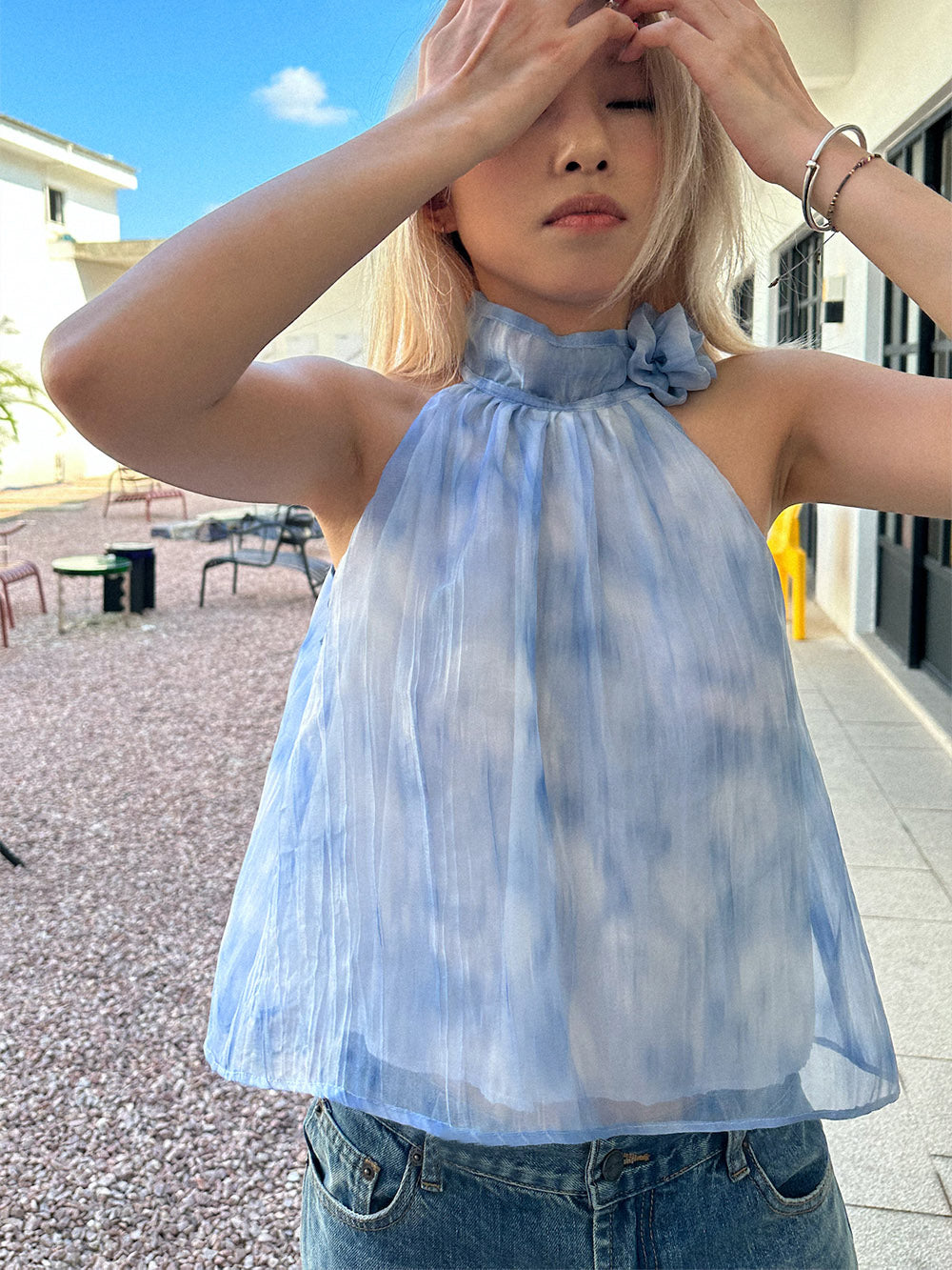 MUKTANK x TWOPLUMGIRLS Tie-Dye Blue Halter Neck Floral Organza Tank Top