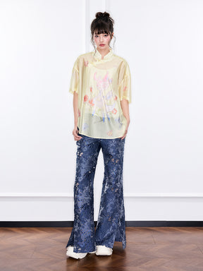 Mukzin "Ode To The New Summer"New Chinese-Style Shirt With Frog Buttons At The Collar And Printed Patterns