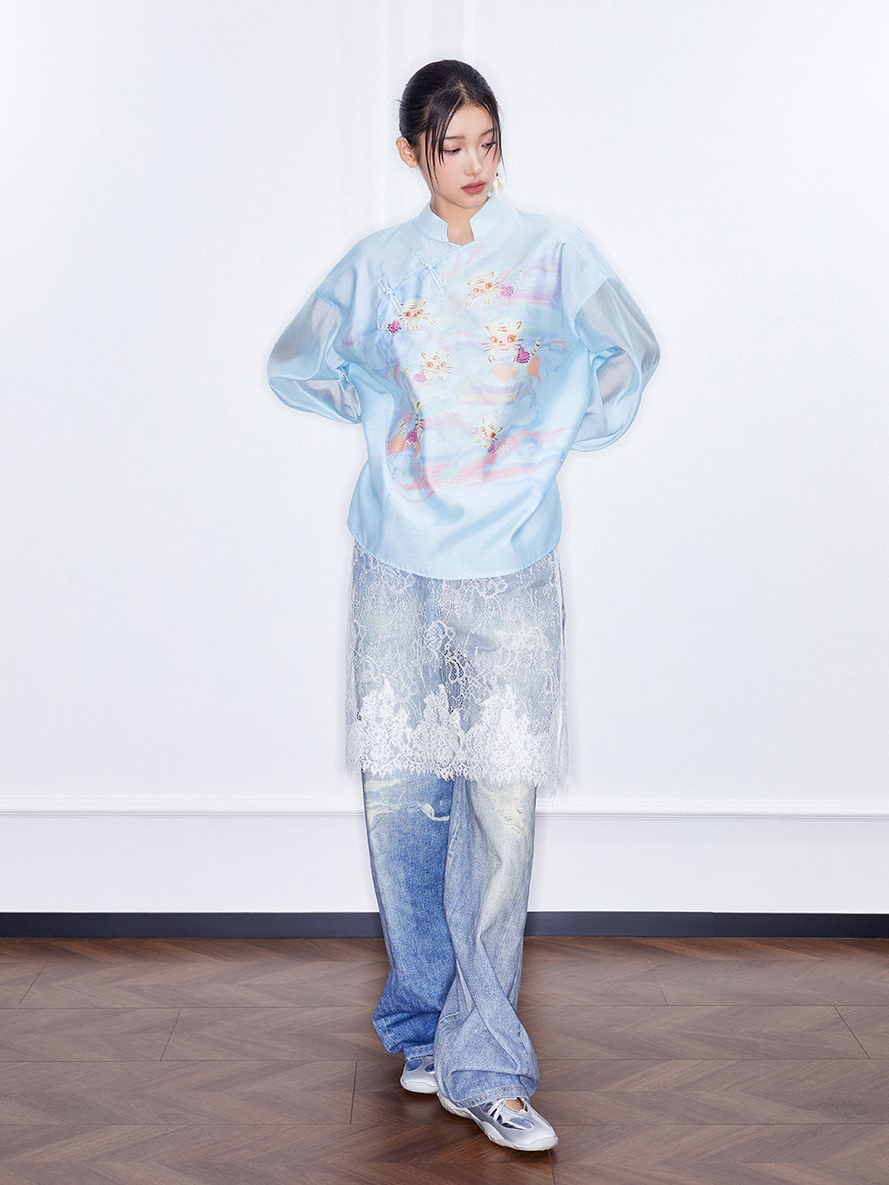 MUKZIN  SpringPrelude "Fortunate Tiger Soaring through Clouds" Loose Stand - collar Translucent Chinese - style Shirt