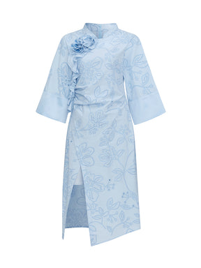 MUKZIN“Realm of Ethereal Mist”National Style Blue Jacquard Pleated Slit Half-sleeve Qipao Dress
