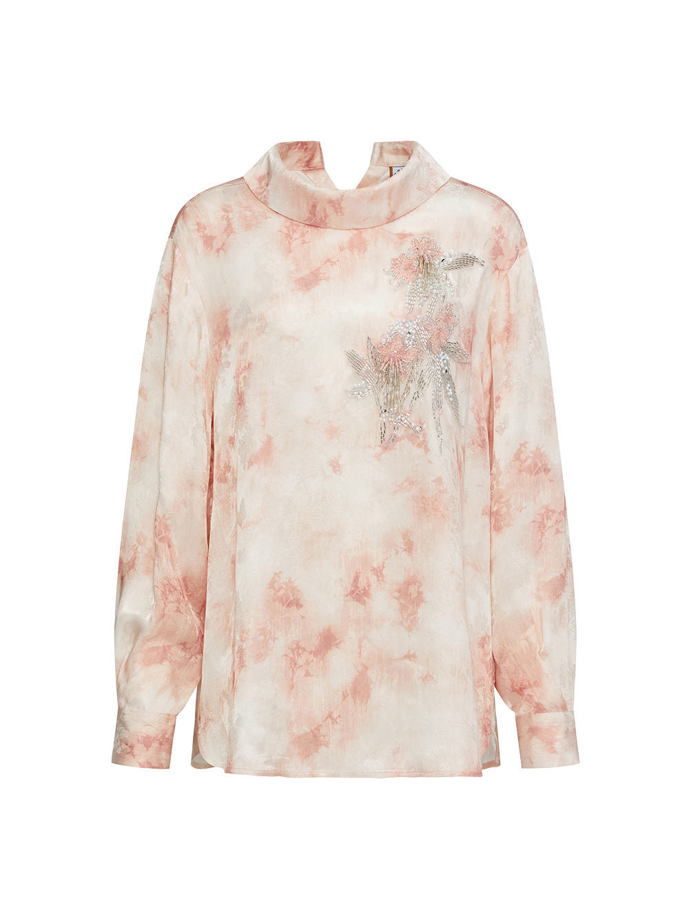 MUKZIN“Realm of Ethereal Mist”European-American Style Silky Draping Pink Gradient Long-Sleeve Shirt with Rhinestones & Slouchy Collar