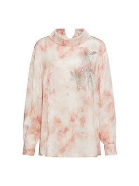 MUKZIN“Realm of Ethereal Mist”European-American Style Silky Draping Pink Gradient Long-Sleeve Shirt with Rhinestones & Slouchy Collar