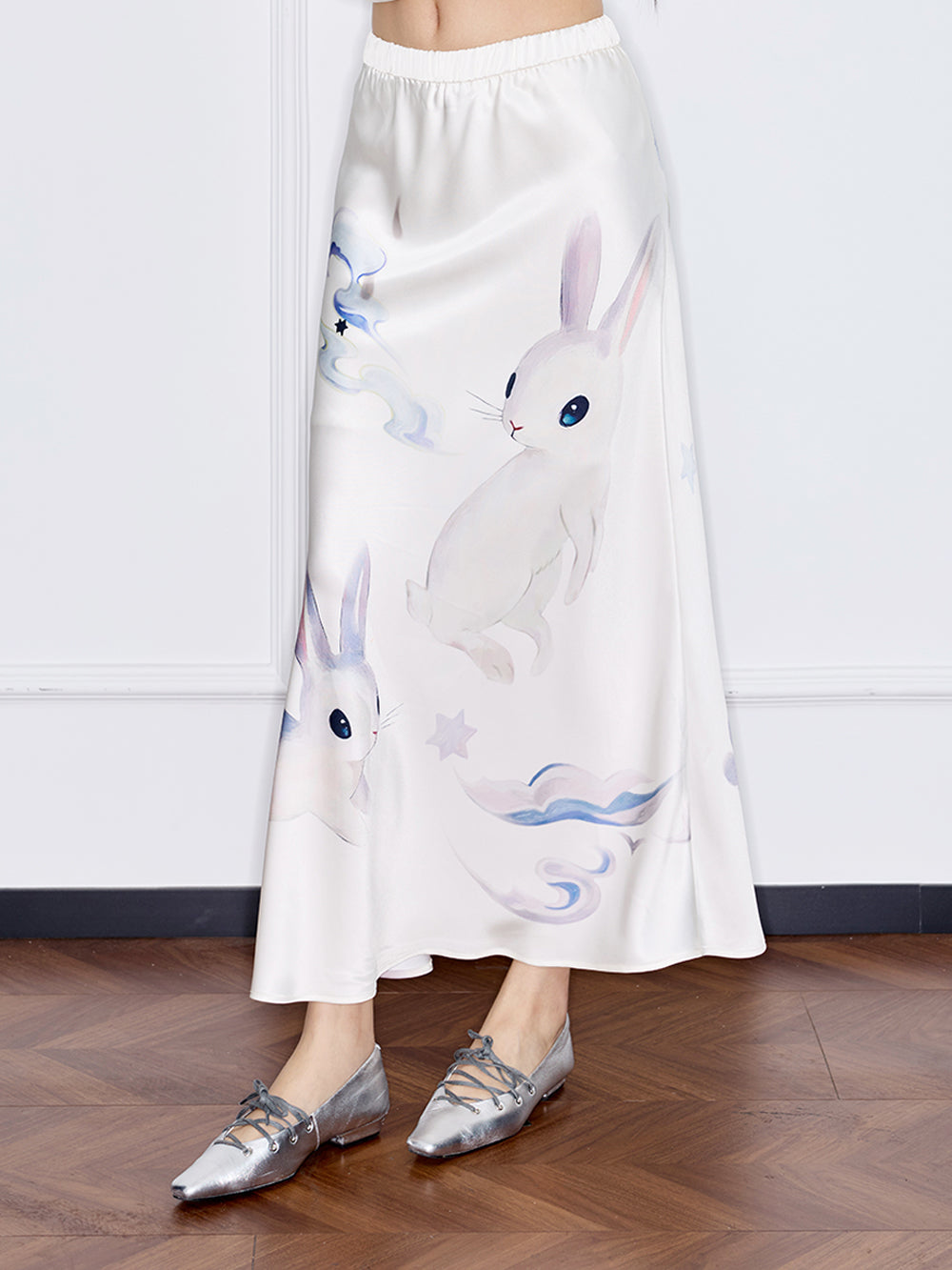 MUKZIN“Capsule Collection”Modern Chinese Style Jade Rabbit Print Drapey Midi Skirt
