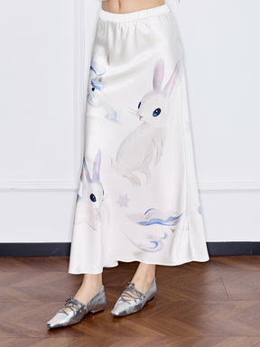 MUKZIN¡°Capsule Collection¡±Modern Chinese Style Jade Rabbit Print Drapey Midi Skirt