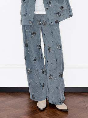MUKZIN“Capsule Collection”Gray Rhinestone Embellished Oversized Heavy-Duty Wide-Leg Pants