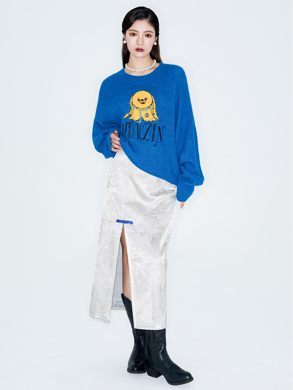 MUKZIN Linglong "Time Machine" Silhouette Crew Neck Cartoon Knit Blue Sweater