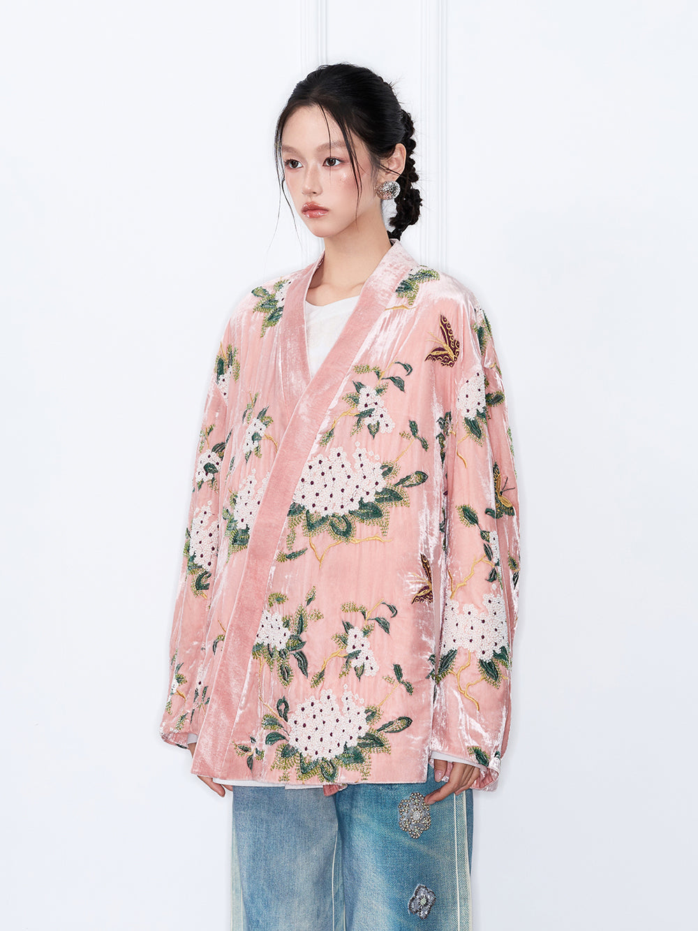 MUKZIN“The Sequence of Deer's Call”Pink Velvet Chinese-Style Floral Embroidery Loose Casual Outerwear