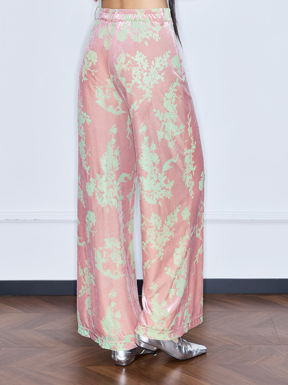 MUKZIN“Capsule Collection”Pink Velvet Chinese-Style Printed Wide-Leg Pants