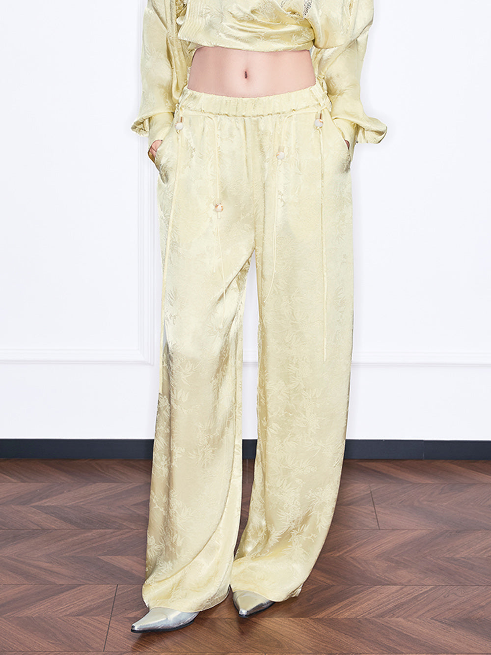MUKZIN“Realm of Ethereal Mist”High-Waisted Flowy Wide-Leg Pants with Jacquard Pattern