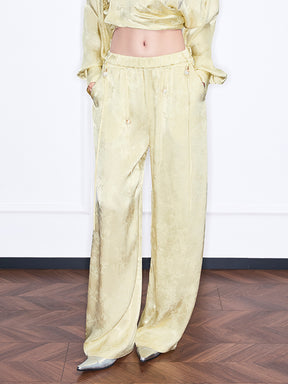 MUKZIN“Realm of Ethereal Mist”High-Waisted Flowy Wide-Leg Pants with Jacquard Pattern