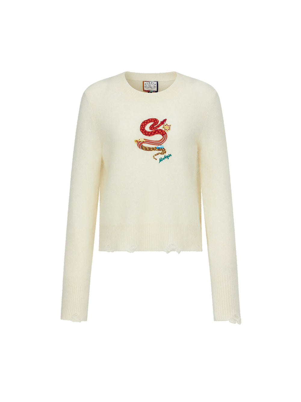 MUKZIN Linglong Long —Snake Embroidery Mohair Blend Sweater (White/Grey)