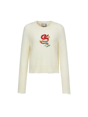 MUKZIN Linglong Long —Snake Embroidery Mohair Blend Sweater (White/Grey)