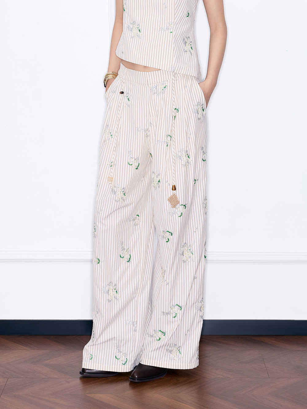 MUKZIN¡°Night Ballad of Chang'an¡±Striped Floral Embroidered Wide-Leg Pants | Oriental Tassel Tie-Waist Trousers