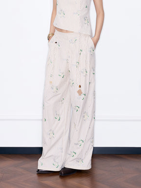 MUKZIN¡°Night Ballad of Chang'an¡±Striped Floral Embroidered Wide-Leg Pants | Oriental Tassel Tie-Waist Trousers