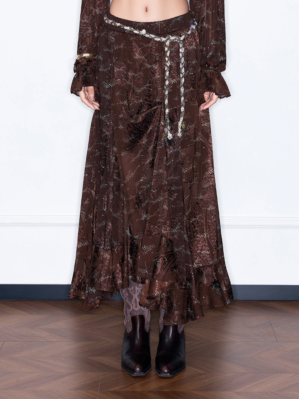 MUKZIN“Capsule Collection”Sheer Embroidered Brown Maxi Skirt | High Waist Boho Slit Skirt