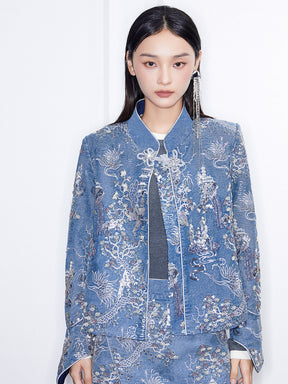 MUKZIN Linglong“Denim Series”Small A-Line Heavy Sequin Embroidered Denim Jacket