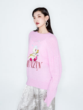 MUKZIN Linglong "Time Machine" Silhouette Crew Neck Cartoon Knit Blue Sweater