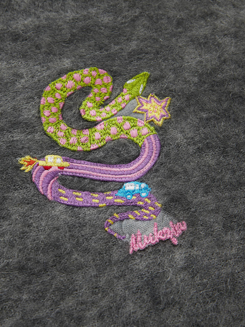 MUKZIN Linglong Long —Snake Embroidery Mohair Blend Sweater (White/Grey)