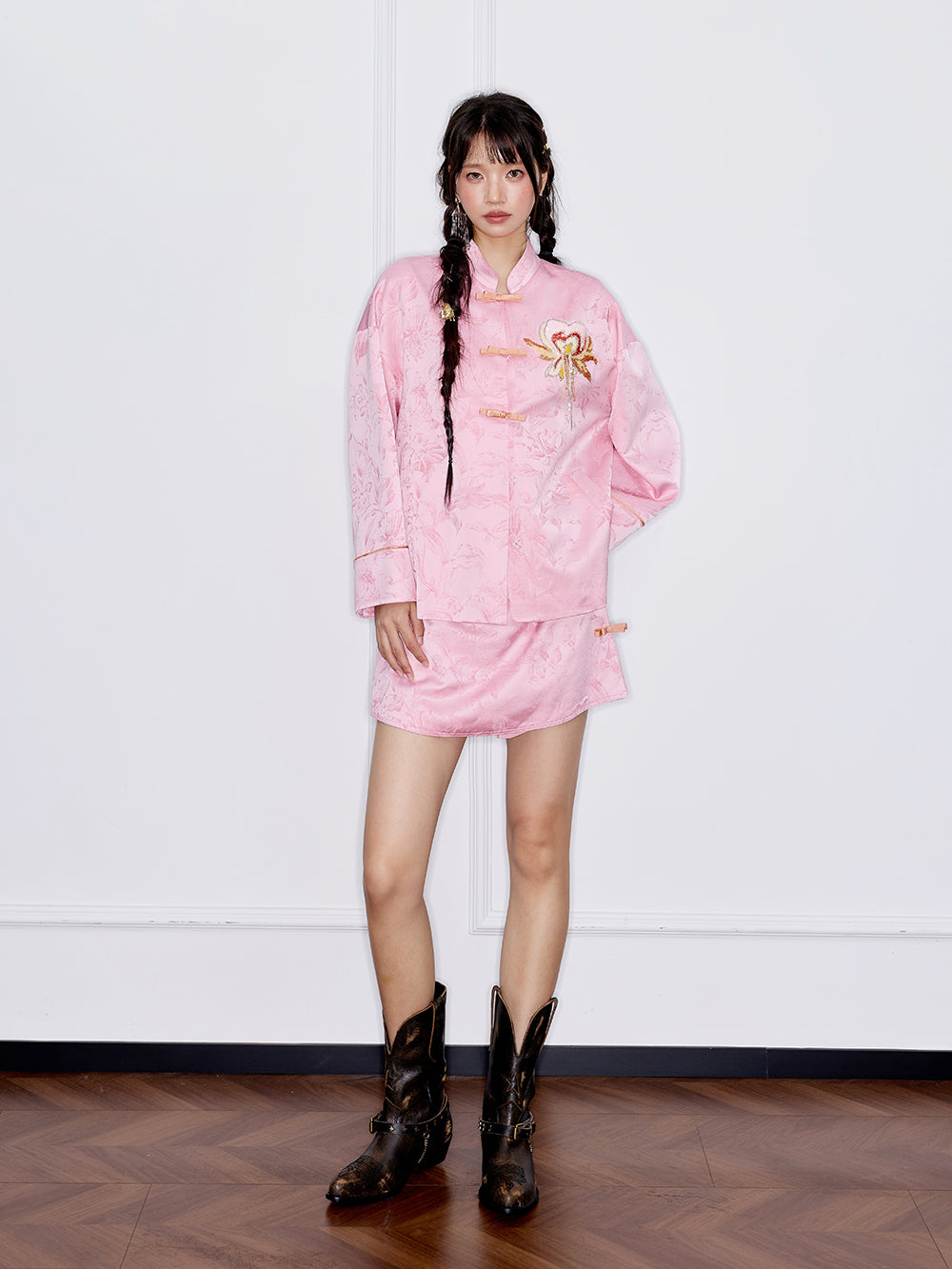 MUKZIN“Capsule Collection”Pink Jacquard Chinese-Style Shorts